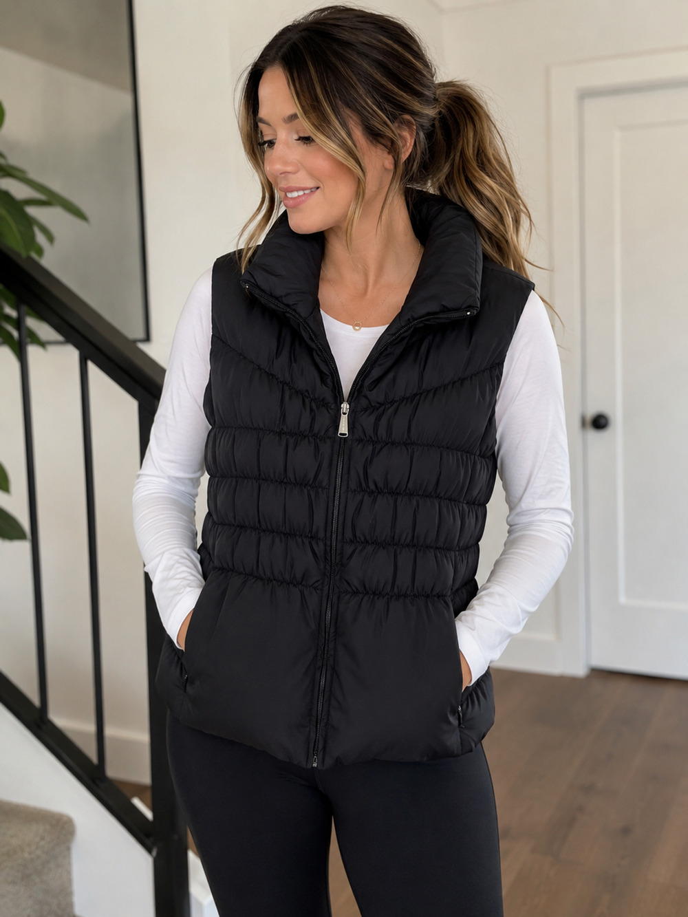 Michael Kors Women's Large Black Down Feather Puffer Vest Quilted Zip Pockets